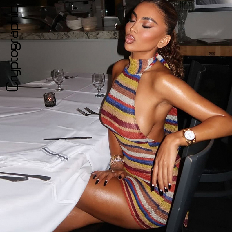 Wrap Dress Work - Cryptographic Striped Knit Halter Mini Dress