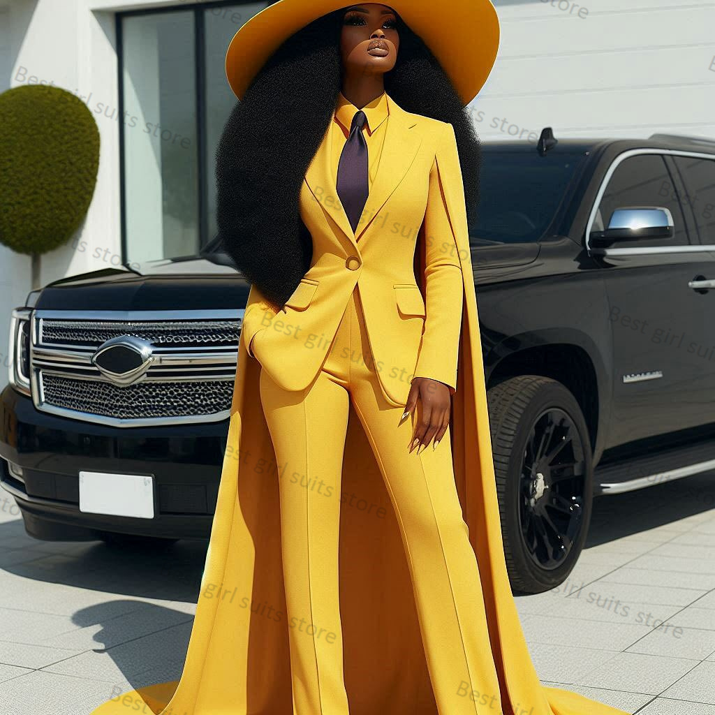 Wrap Dress Work - Yellow Cape Women Suit Pants Set