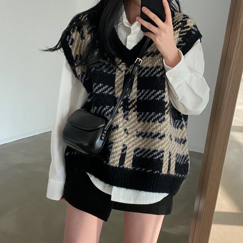 Plaid Lady Sweaters Tops 2025  – обзор и цена Women Formal Wear Korean