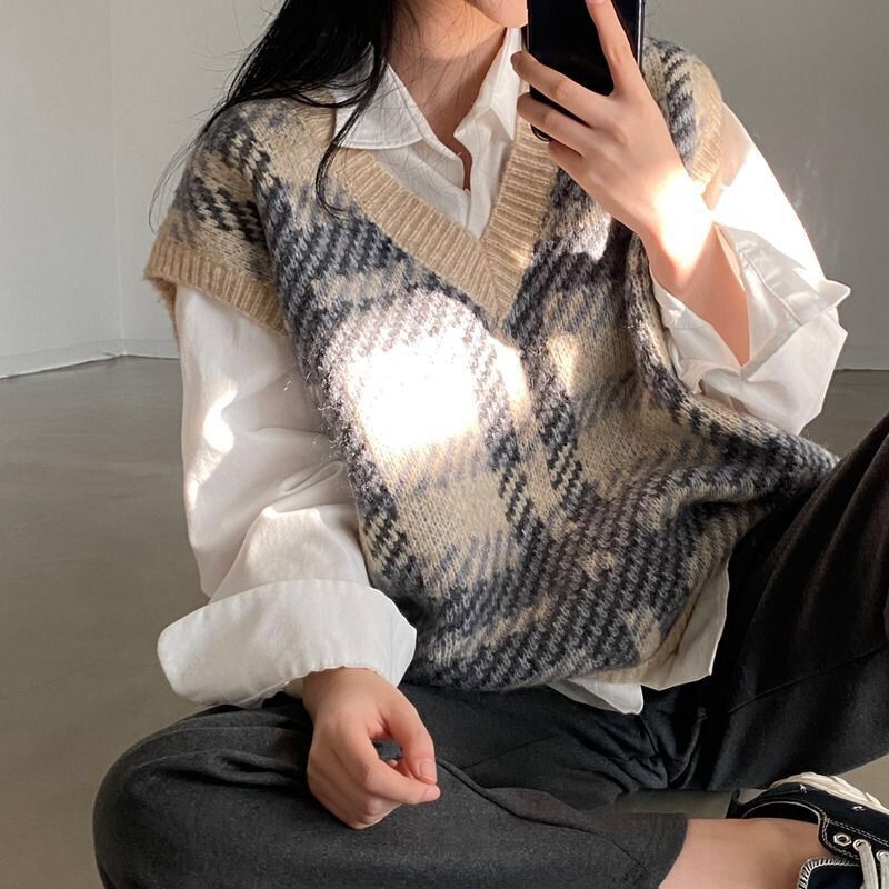 Plaid Lady Sweaters Tops 2025  – обзор и цена Women Formal Wear Korean